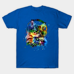 Cat With Headphones Watercolor Art T-Shirt